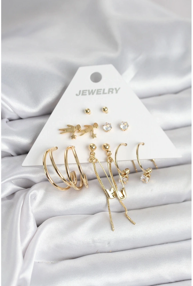 Shoecide Pirinç Gold Renk 6 Çiftli Kadın Küpe Seti