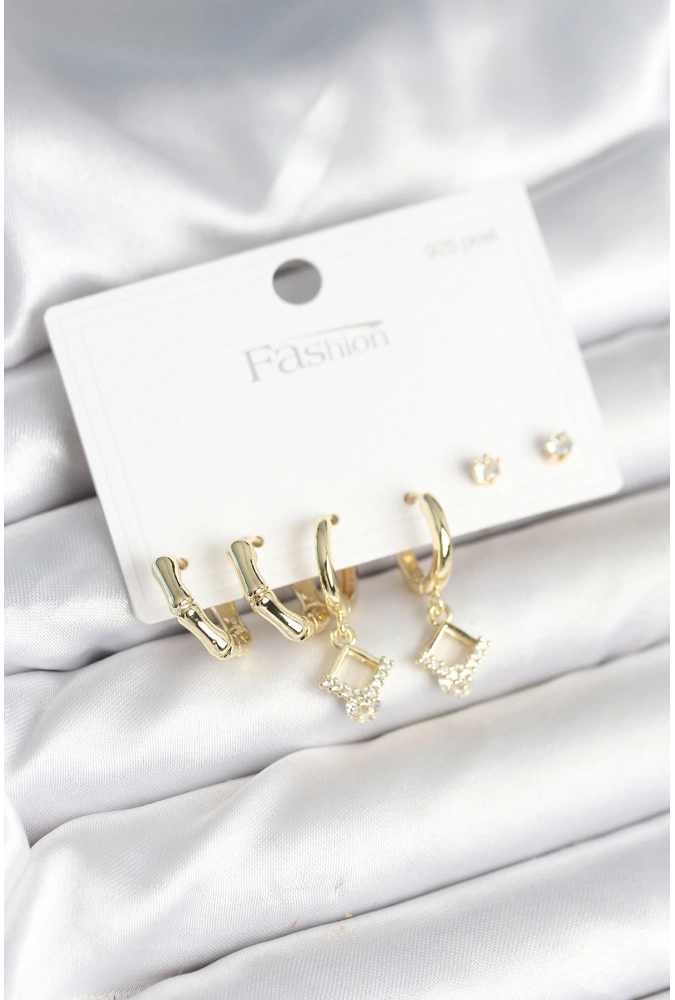 Shoecide Pirinç Gold Renk 925 Ayar Gümüş Çivili Kadın Küpe Seti