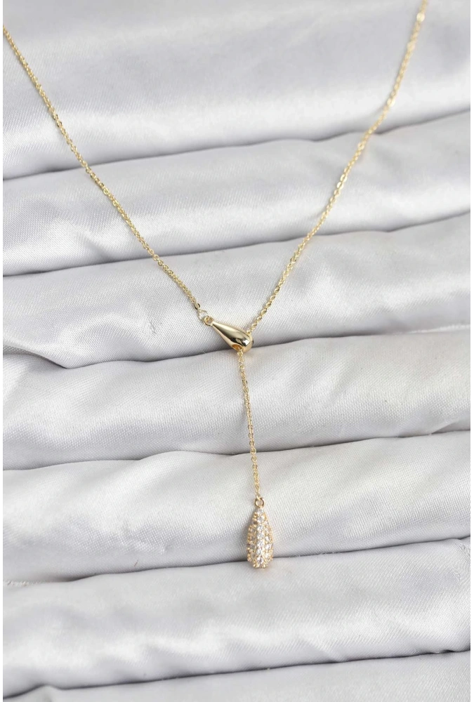 Shoecide Pirinç Gold Renk Asansörlü Damla Model Kadın Kolye