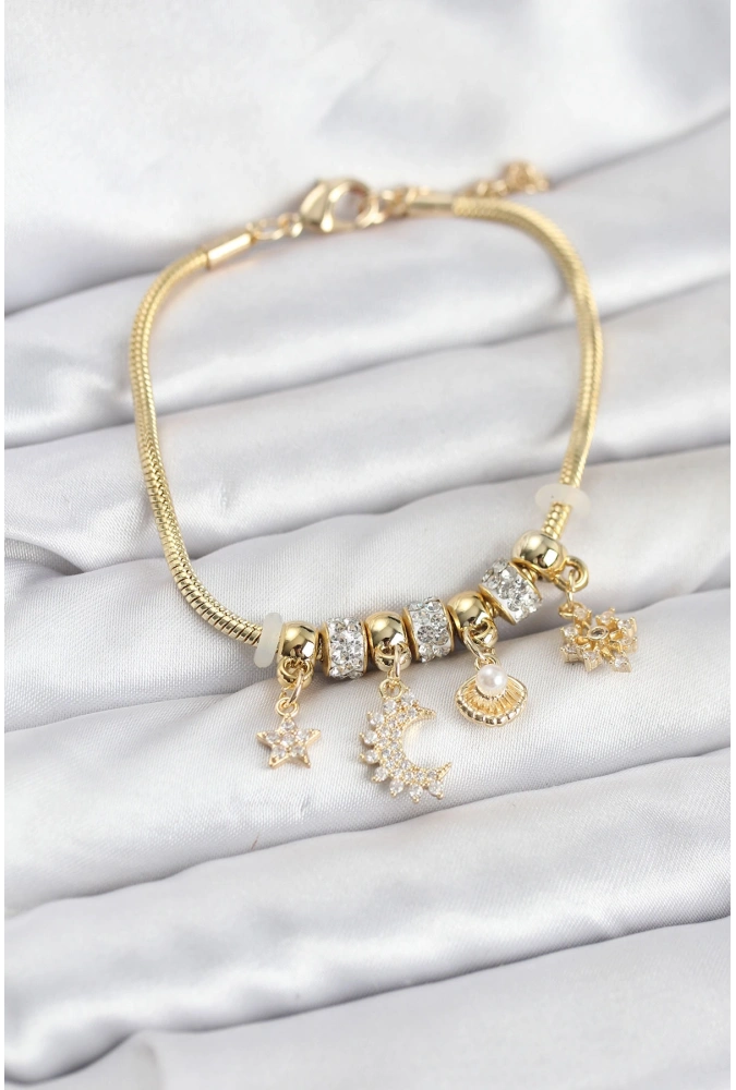 Shoecide Pirinç Gold Renk Ay Charm Model Charmlı Kadın Bileklik