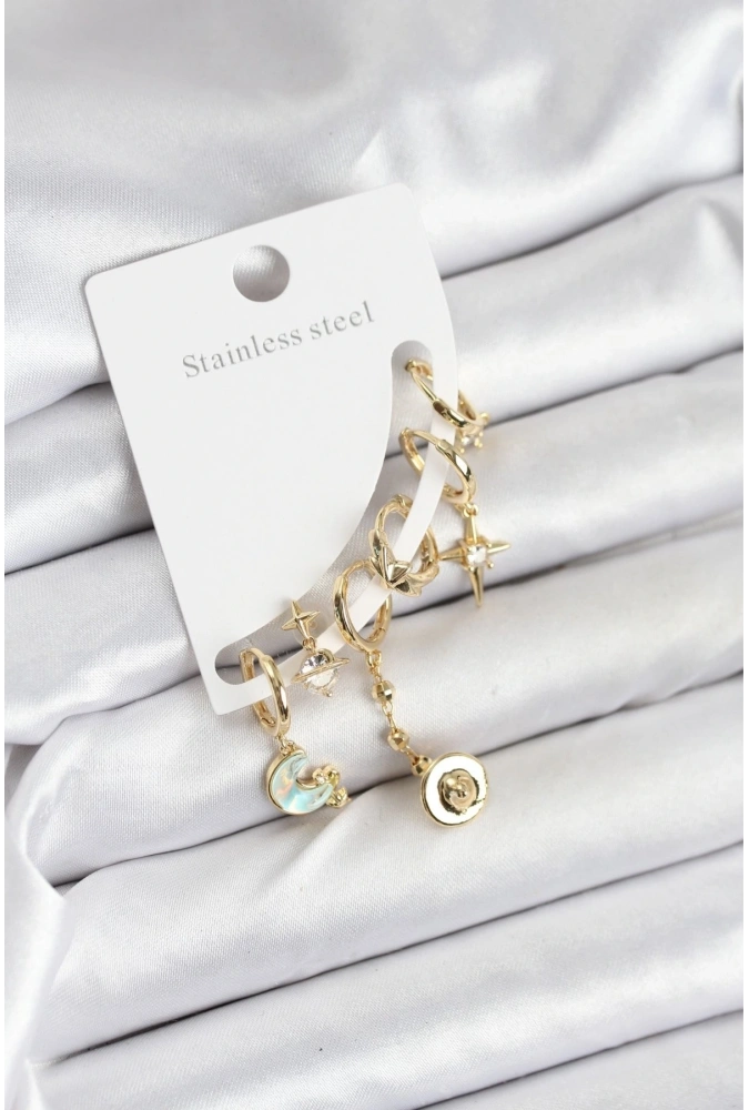 Shoecide Pirinç Gold Renk Ay Model Kadın Set Küpe