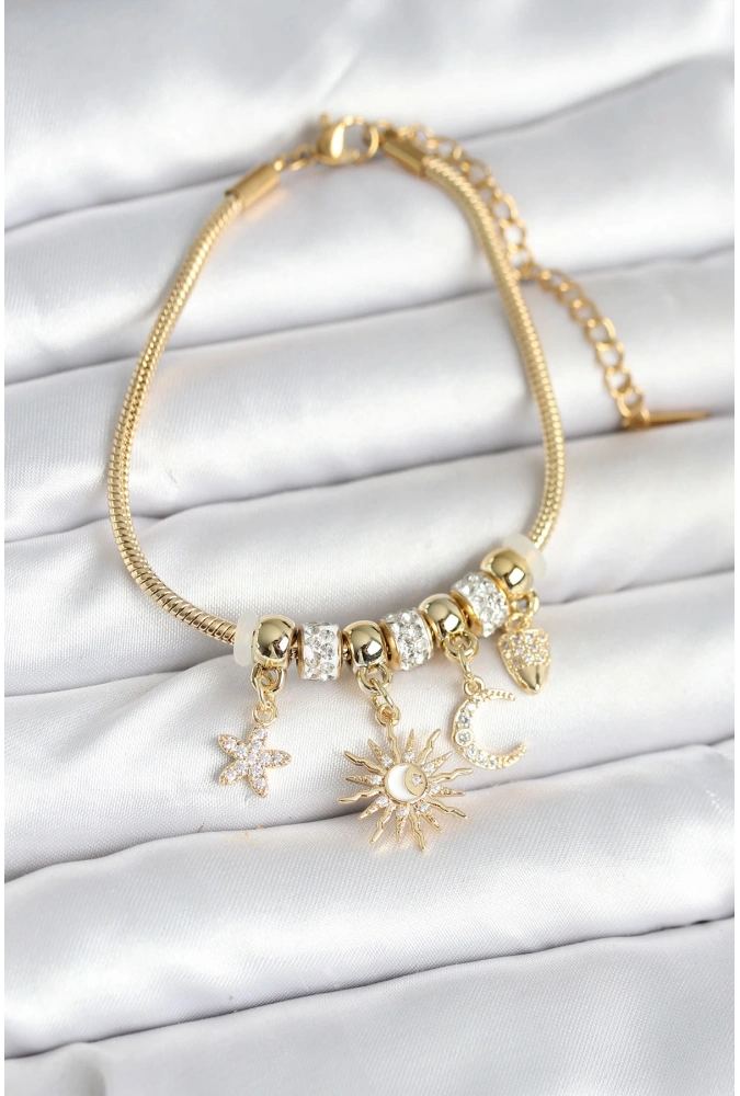 Shoecide Pirinç Gold Renk Ay Ve Güneş Charmlı Kadın Bileklik
