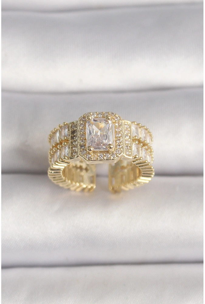 Shoecide Pirinç Gold Renk Ayarlanabilir Baget Zirkon Taş Model Kadın Yüzük