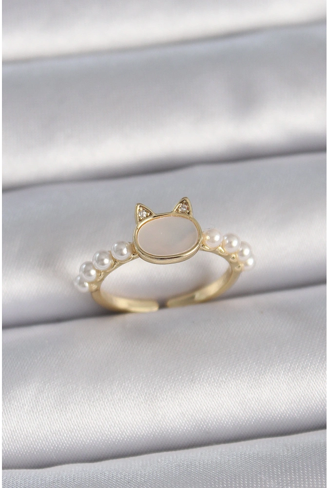 Shoecide Pirinç Gold Renk Ayarlanabilir Beyaz Mineli Kedi Model İnci Detay Kadın Yüzük