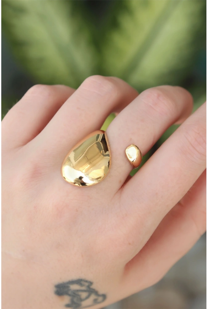 Shoecide Pirinç Gold Renk Ayarlanabilir İri Bombeli Yüzük