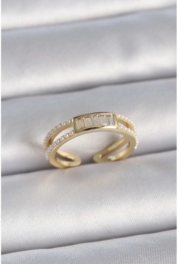 Shoecide Pirinç Gold Renk Ayarlanabilir Sıralı İncili Zirkon Taş Detaylı Kadın Yüzük