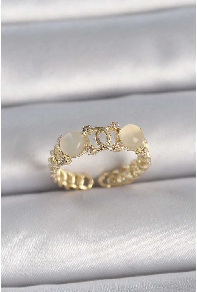 Shoecide Pirinç Gold Renk Ayarlanabilir Zirkon Taşlı Beyaz Mineli Birleşik Halka Model Kadın Yüzük