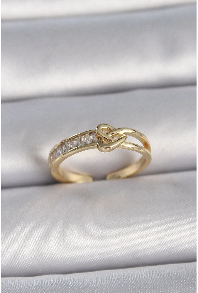 Shoecide Pirinç Gold Renk Ayarlanabilir Zirkon Taşlı Düğüm Kalp Model Kadın Yüzük