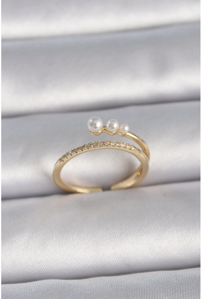 Shoecide Pirinç Gold Renk Ayarlanabilir Zirkon Taşlı İncili Model Kadın Yüzük