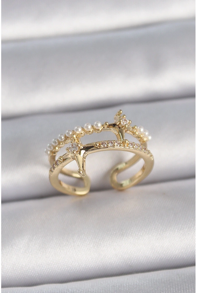 Shoecide Pirinç Gold Renk Ayarlanabilir Zirkon Taşlı İncili Yıldız Model Kadın Yüzük