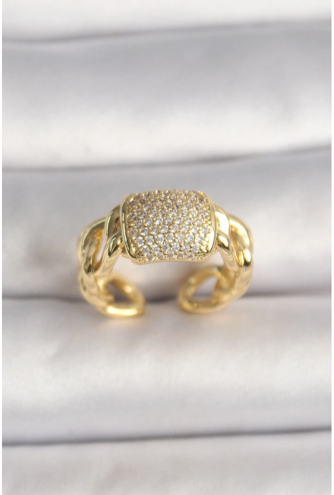 Shoecide Pirinç Gold Renk Ayarlanabilir Zirkon Taşlı Kadın Yüzük