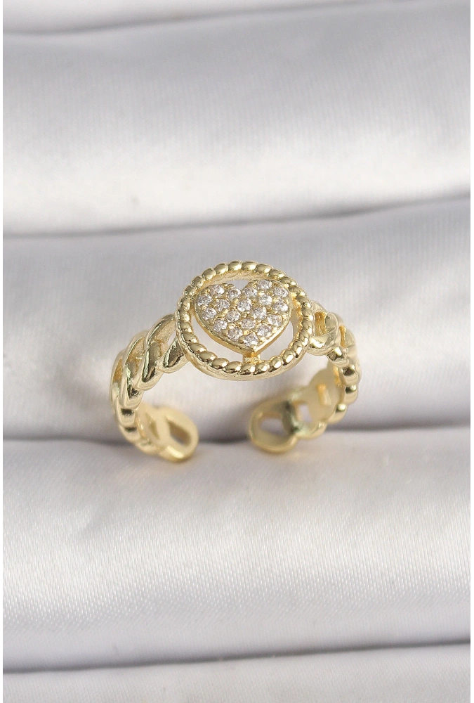 Shoecide Pirinç Gold Renk Ayarlanabilir Zirkon Taşlı Kalp Model Kadın Yüzük