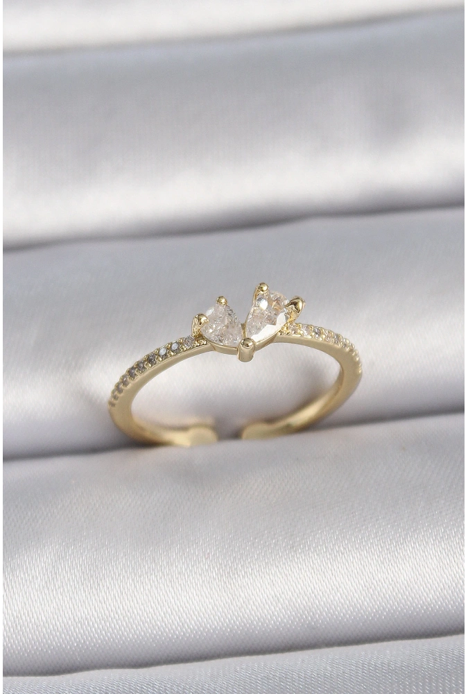 Shoecide Pirinç Gold Renk Ayarlanabilir Zirkon Taşlı Kalp Model Kadın Yüzük