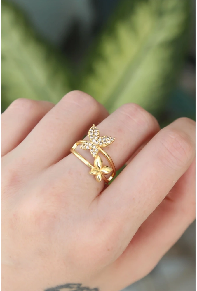 Shoecide Pirinç Gold Renk Ayarlanabilir Zirkon Taşlı Kelebek Yüzük