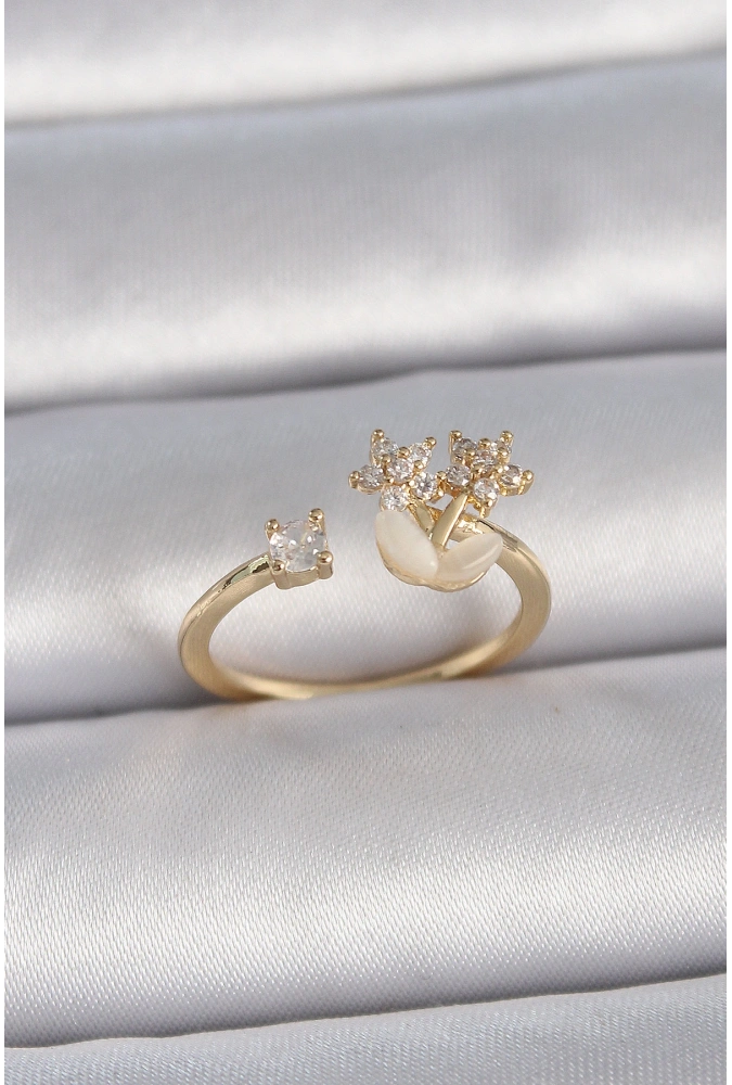 Shoecide Pirinç Gold Renk Ayarlanabilir Zirkon Taşlı Yıldız Model Kadın Yüzük