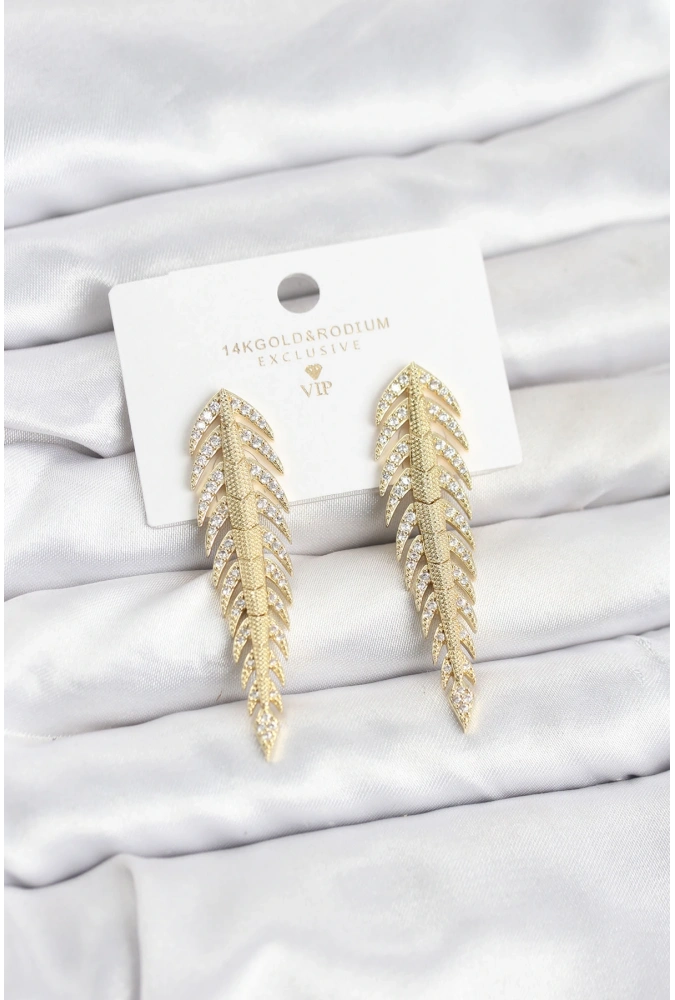 Shoecide Pirinç Gold Renk Balık Sırtı Model Zirkon Taşlı Kadın Küpe