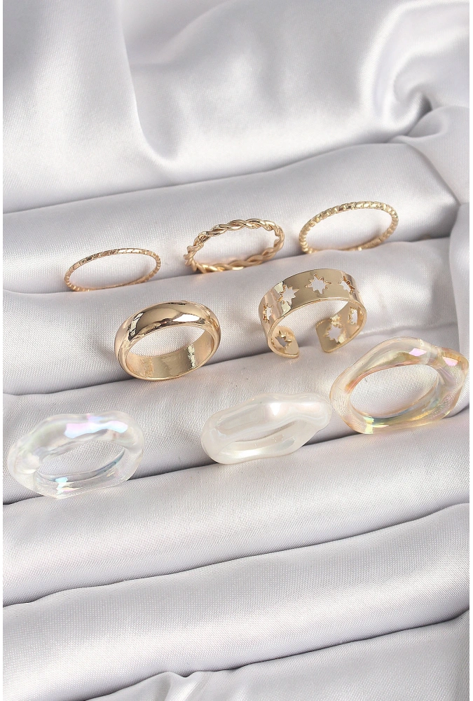 Shoecide Pirinç Gold Renk Beyaz Akrilik Plastik Modek Kutup Yıldız İşleme Detay Kadın Yüzük Kombini
