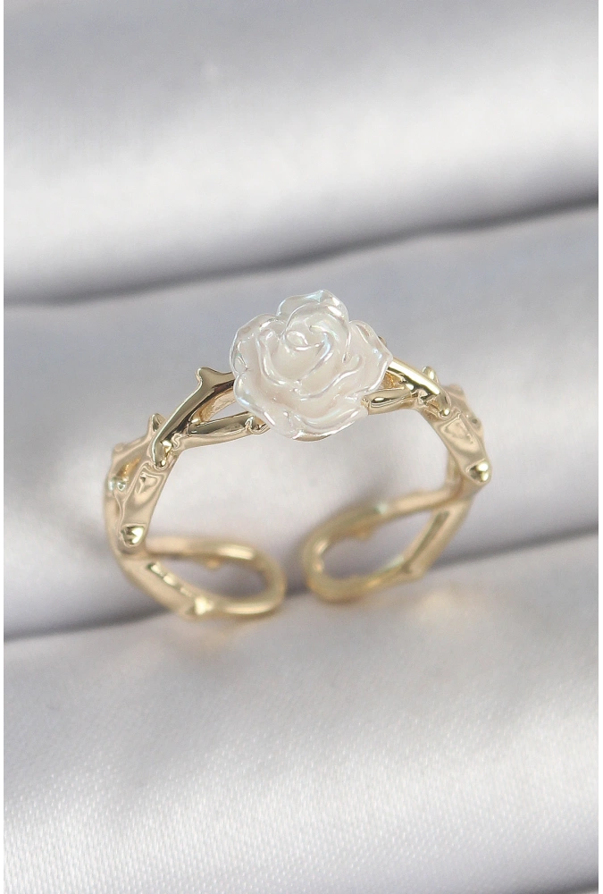 Shoecide Pirinç Gold Renk Beyaz Gül Model Ayarlanabilir Kadın Yüzük