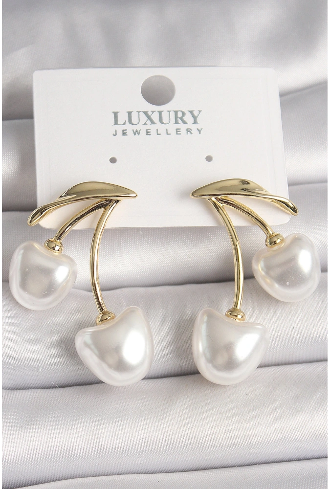 Shoecide Pirinç Gold Renk Beyaz İnci Kiraz Model Kadın Küpe