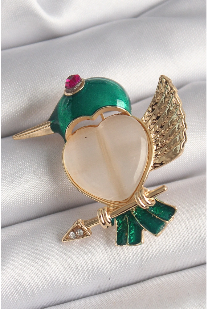 Shoecide Pirinç Gold Renk Beyaz Mineli Kalp Yeşil Sinek Kuşu Model Pembe Zirkon Taş Detay Kadın Broş