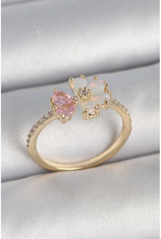 Shoecide Pirinç Gold Renk Beyaz Mineli Pembe Zirkon Taşlı Çiçek Model Kadın Yüzük