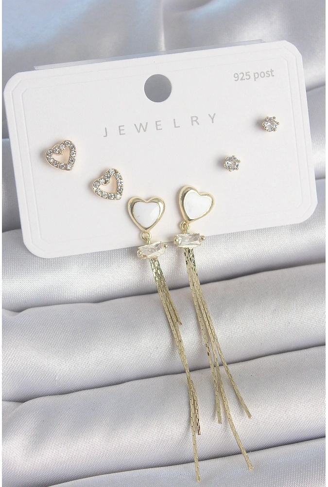 Shoecide Pirinç Gold Renk Beyaz Mineli Sallantı Mineli Kalp Model Zirkon Taş Detaylı 925 Ayar Gümüş Çivi Kadın Küpe Seti