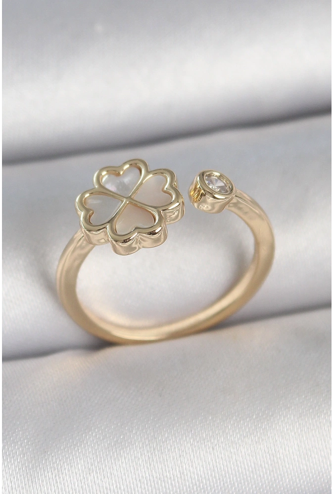 Shoecide Pirinç Gold Renk Beyaz Mineli Yonca Model Zirkon Taş Detay Ayarlanabilir Kadın Yüzük