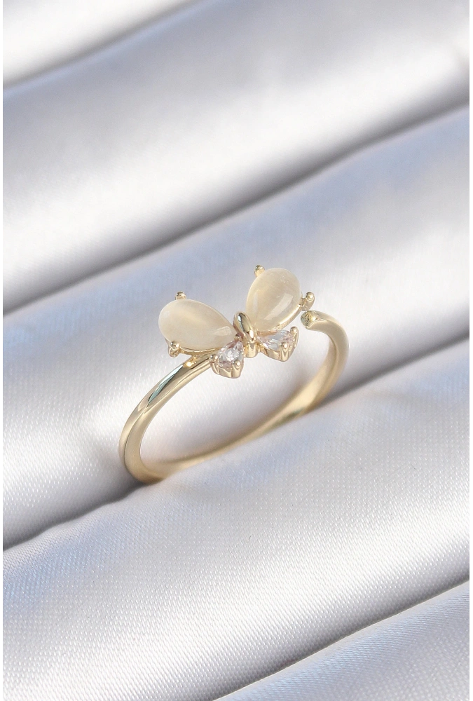 Shoecide Pirinç Gold Renk Beyaz Mineli Zirkon Taşlı Kelebek Model Kadın Yüzük