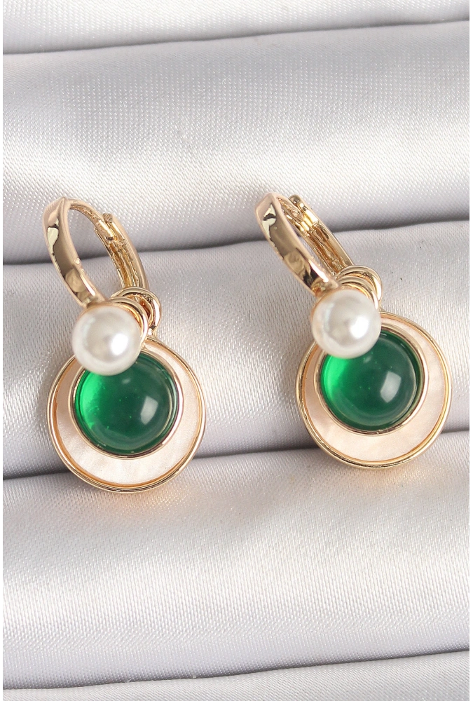 Shoecide Pirinç Gold Renk Beyaz Yeşil Sallantı Mineli Kadın Küpe