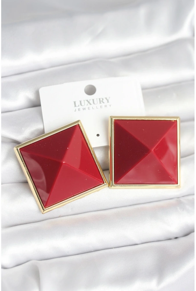 Shoecide Pirinç Gold Renk Bordo Piramit Model Kadın Küpe