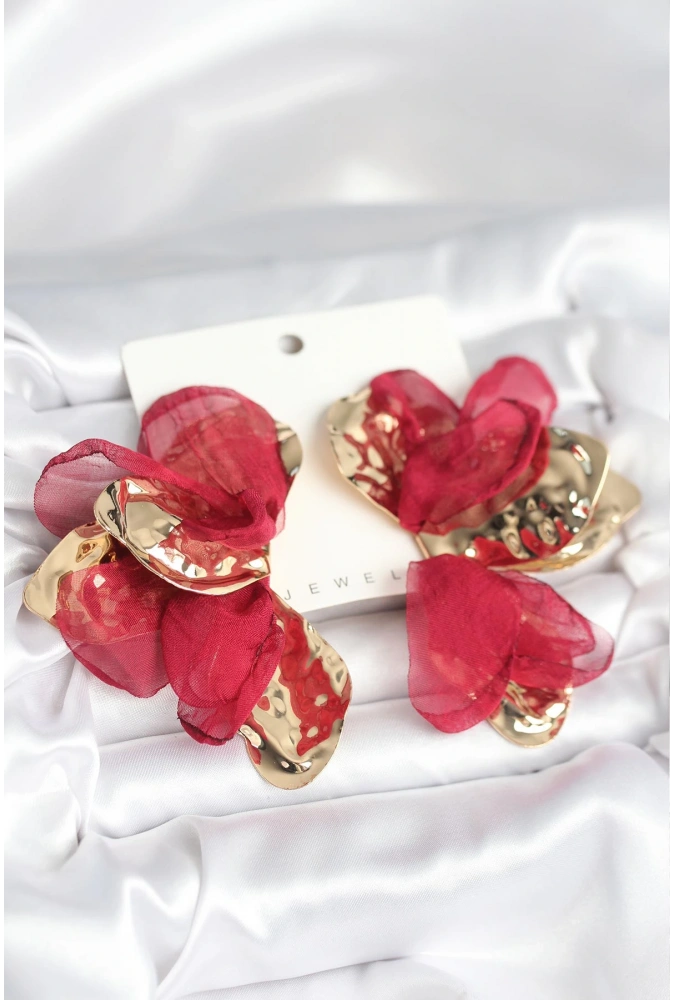 Shoecide Pirinç Gold Renk Bordo Tüllü Lotus Kadın Küpe