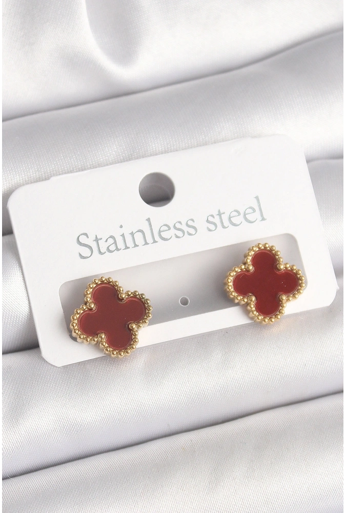 Shoecide Pirinç Gold Renk Bordo Yonca Model Kadın Küpe