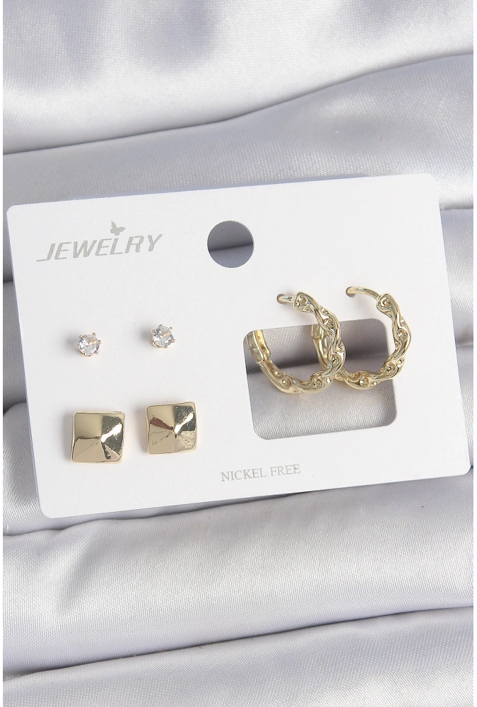 Shoecide Pirinç Gold Renk Burgu Halka Model Zirkon Taşlı Kare Detay 3 Çift Kadın Küpe Seti