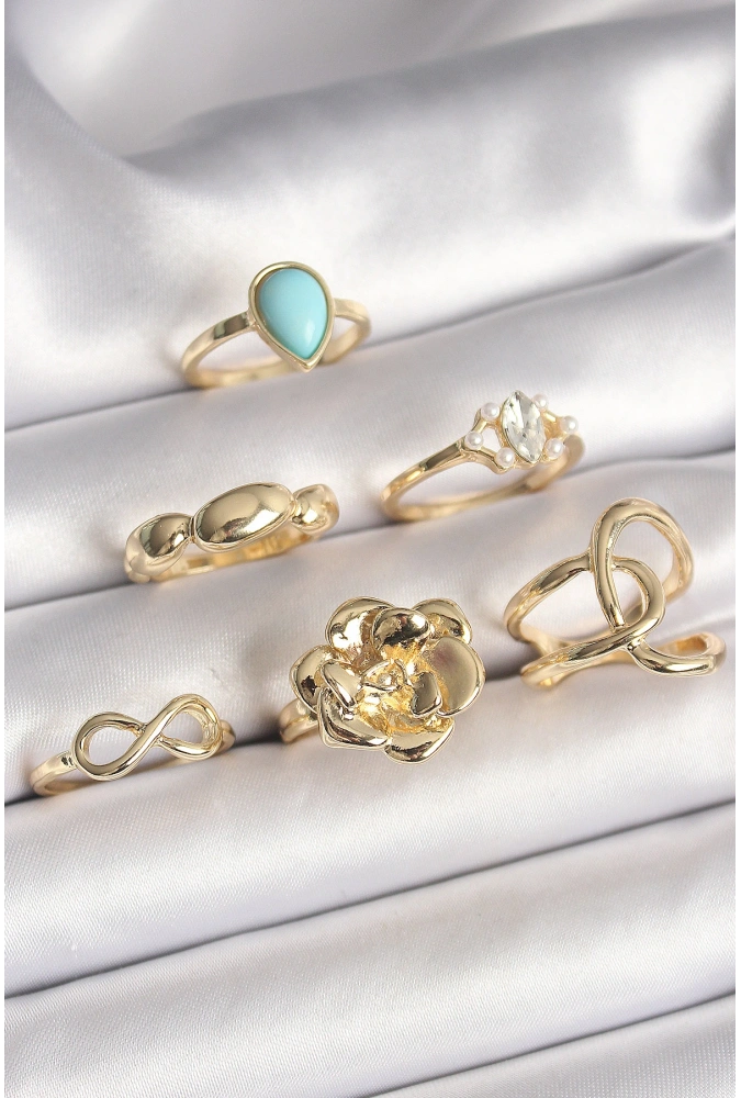 Shoecide Pirinç Gold Renk Çiçek Model Model Sonsuzluk Zirkon Taş Detaylı 6lı Kadın Yüzük Seti