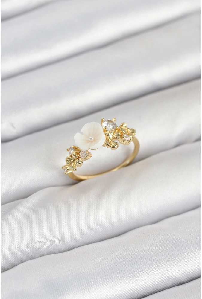 Shoecide Pirinç Gold Renk Çiçek Model Zirkon Taşlı Kadın Yüzük