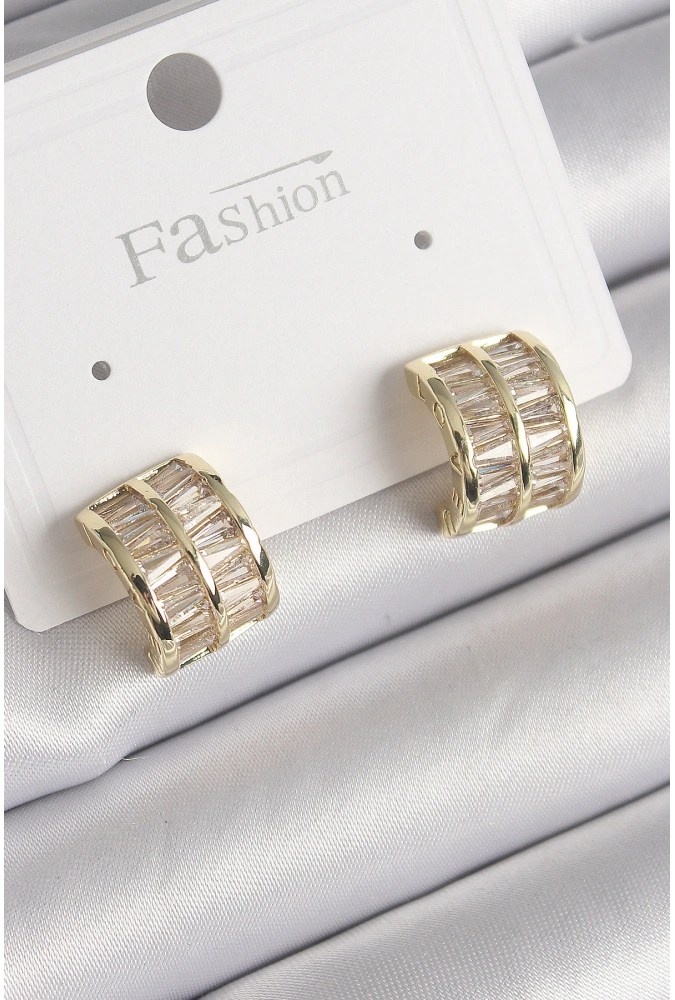 Shoecide Pirinç Gold Renk Çift Sıra Zirkon Taşlı Kadın Küpe