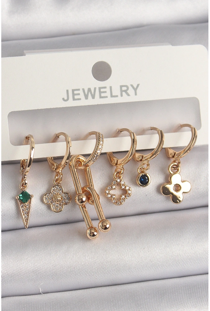 Shoecide Pirinç Gold Renk Çoklu Figür Kadın Küpe Seti