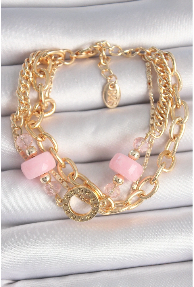 Shoecide Pirinç Gold Renk Çoklu Pembe Taşlı Kadın Bileklik