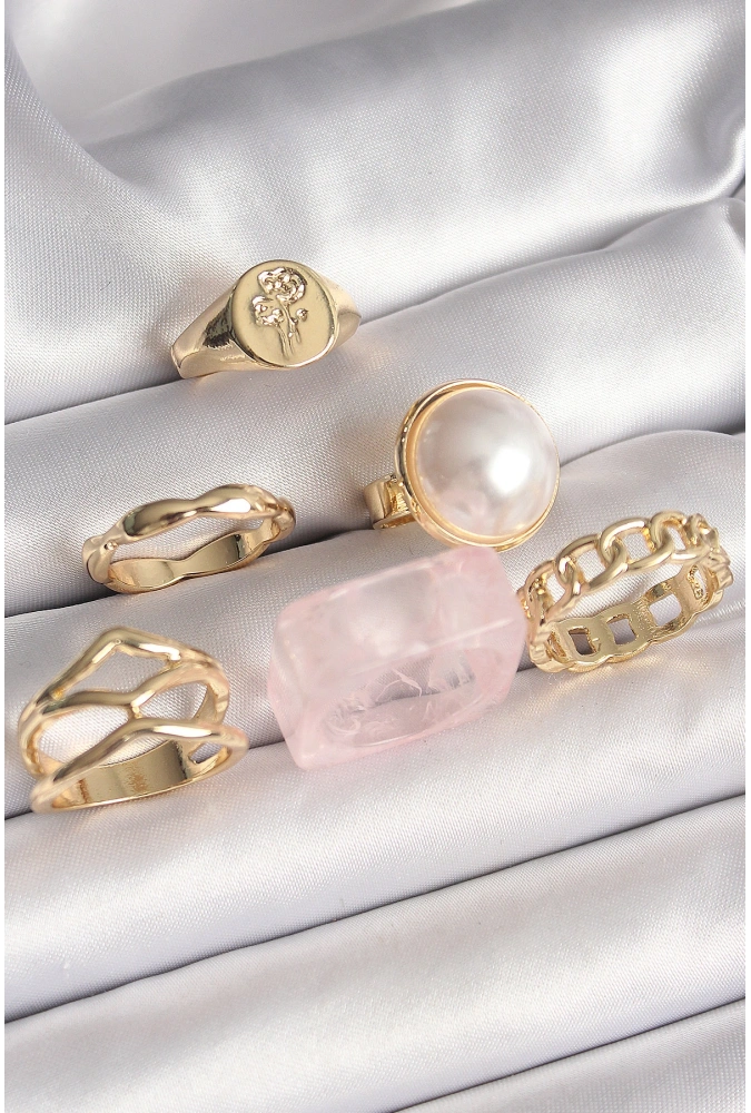 Shoecide Pirinç Gold Renk Daire 3d İncili Figür Zincir Model Gül İşleme Detaylı 6lı Kadın Yüzük Seti