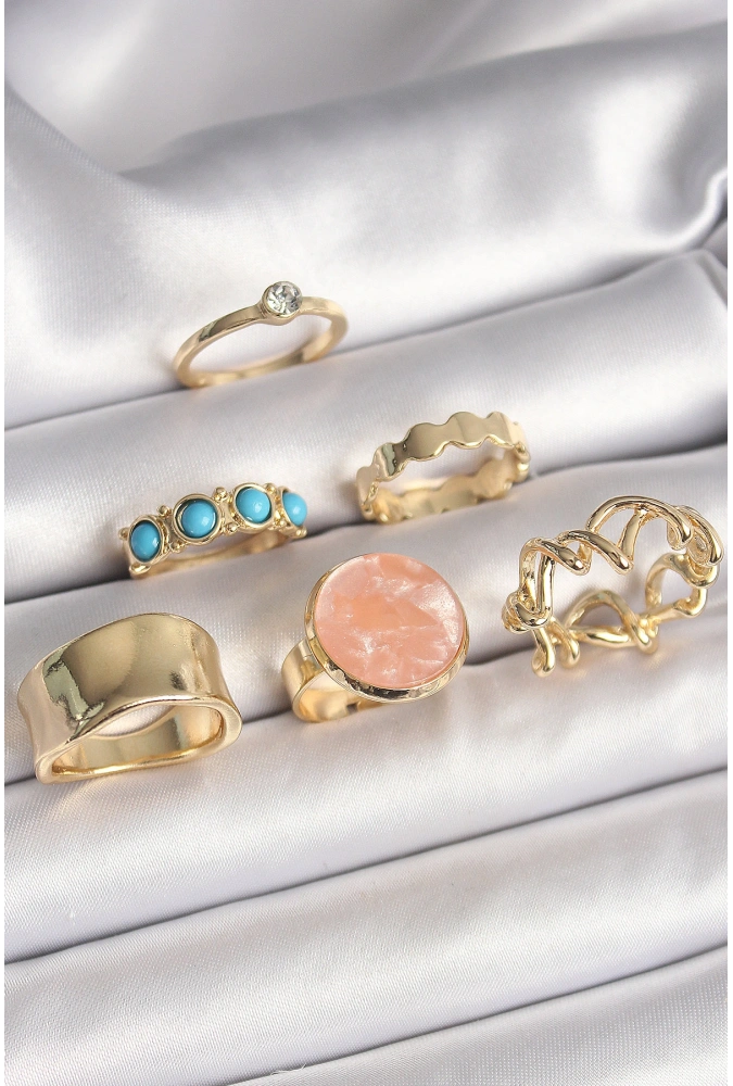 Shoecide Pirinç Gold Renk Daire Pembe Mineli Zirkon Taş Detaylı 6lı Kadın Yüzük Seti