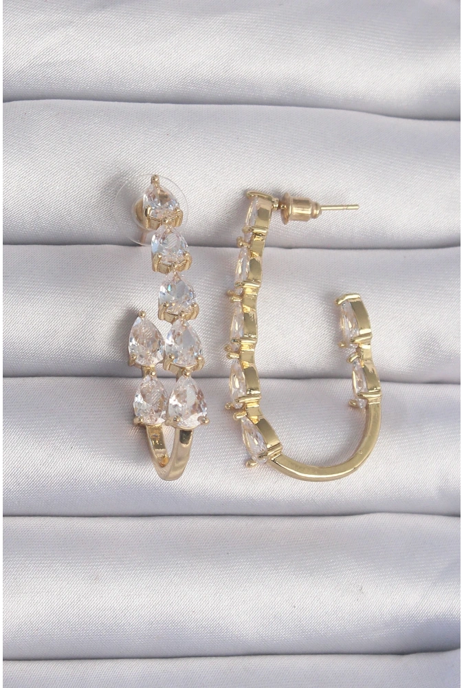 Shoecide Pirinç Gold Renk Damla Zirkon Taş Tasarımlı Küpe