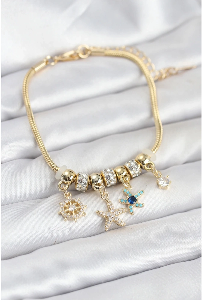 Shoecide Pirinç Gold Renk Deniz Tema Charmlı Kadın Bileklik