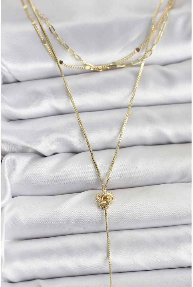 Shoecide Pirinç Gold Renk Düğüm Model Detaylı 3lü Kombin Y Kadın Kolye