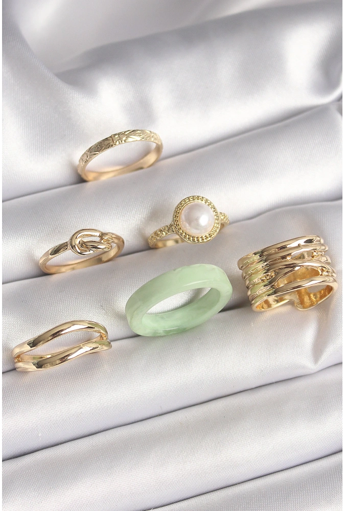 Shoecide Pirinç Gold Renk Düğüm Model İncili İşlemeli Plaka Model 6lı Kadın Yüzük Seti