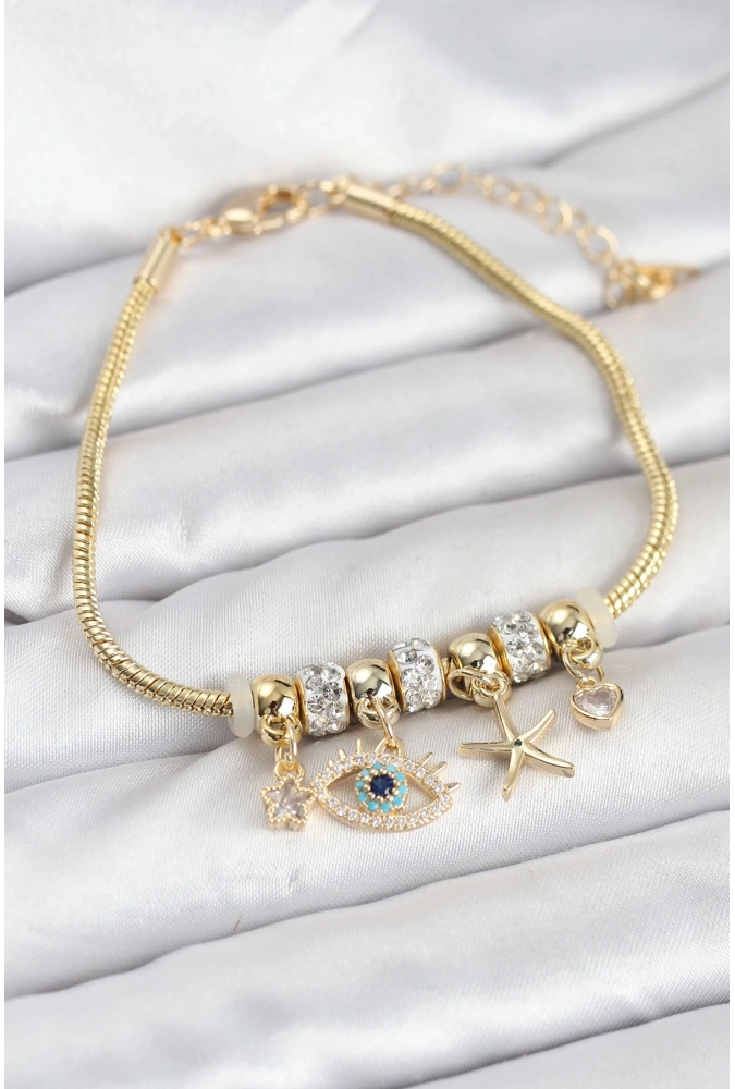 Shoecide Pirinç Gold Renk Göz Model Charmlı Kadın Bileklik