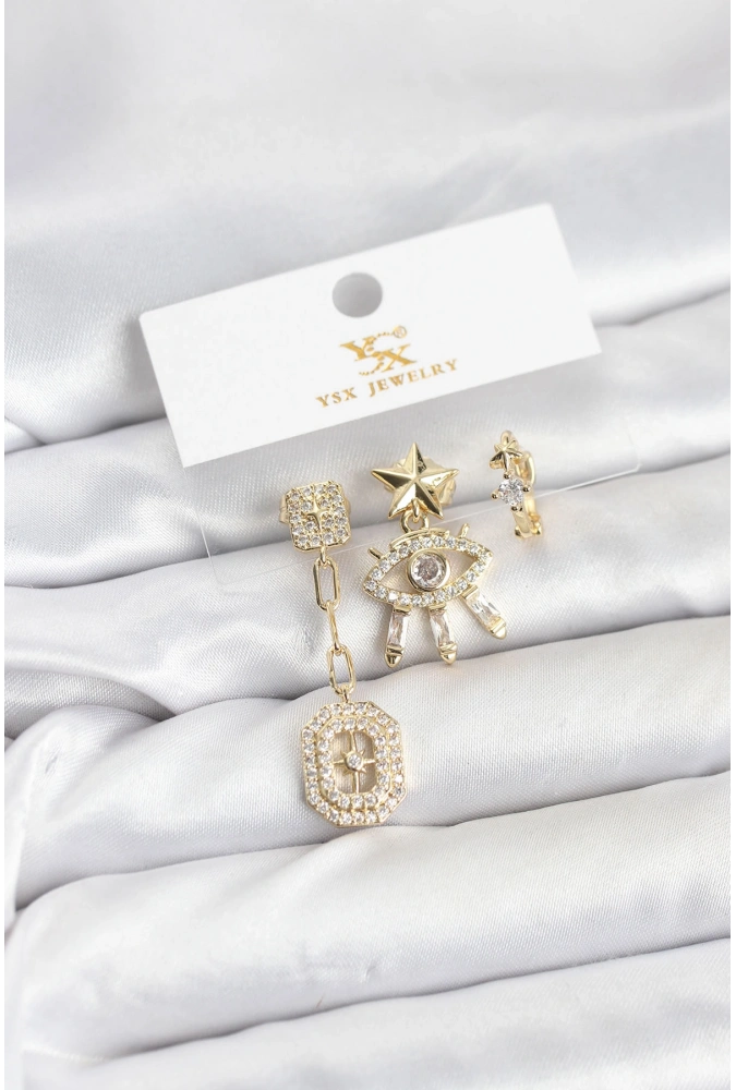 Shoecide Pirinç Gold Renk Göz Ve Kutup Yıldızı Model Ysx Trio Küpe Seti