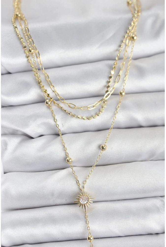 Shoecide Pirinç Gold Renk Güneş Model Detaylı 3lü Kombin Y Kadın Kolye