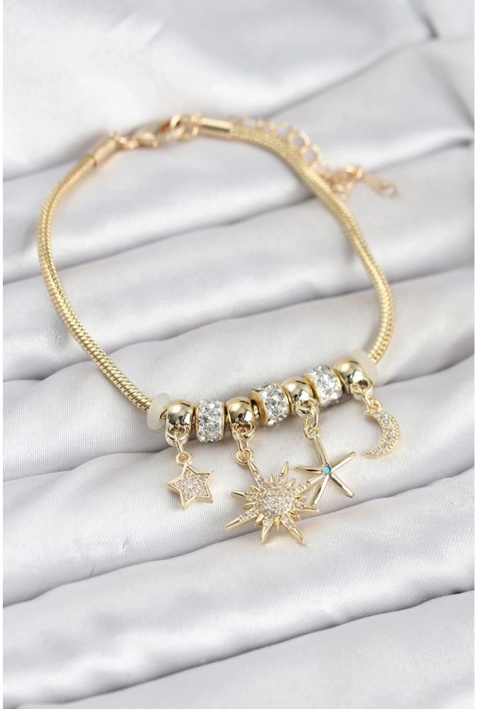 Shoecide Pirinç Gold Renk Güneş Tema Charmlı Kadın Bileklik