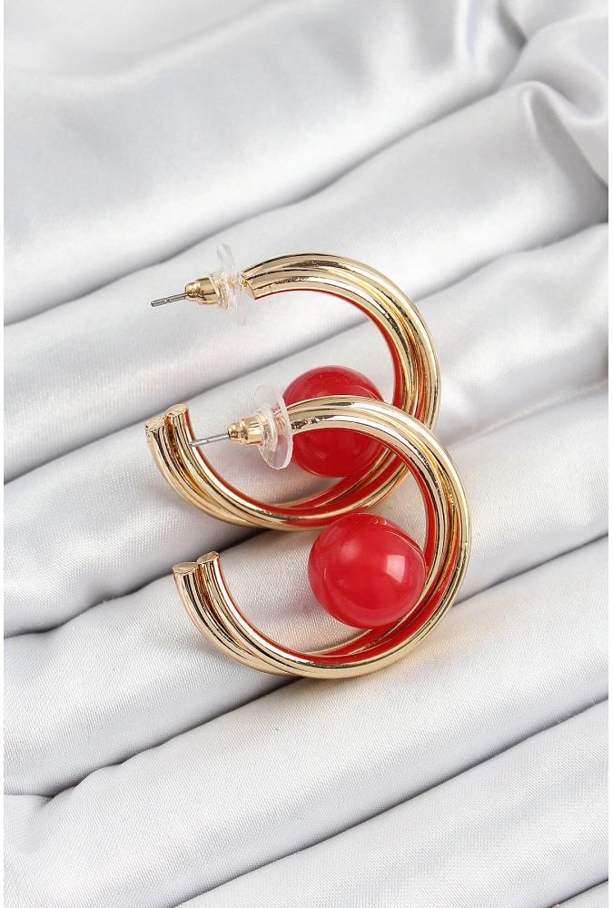 Shoecide Pirinç Gold Renk Halka Model Kırmızı Boncuk Detay Kadın Küpe