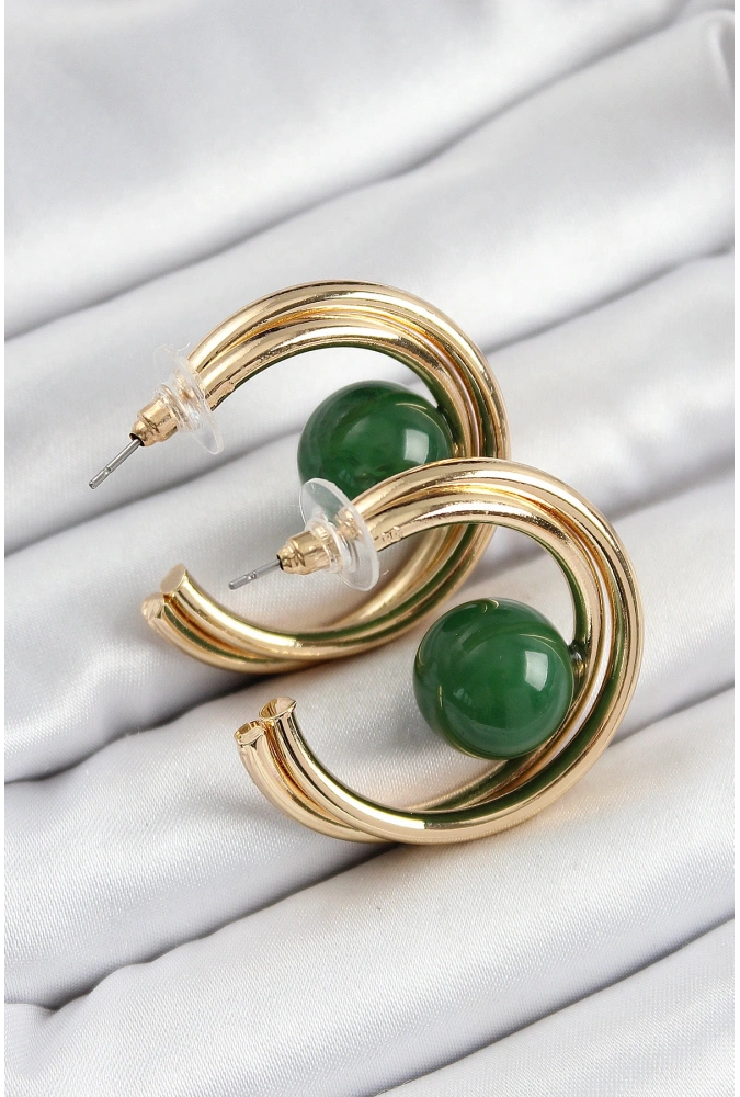 Shoecide Pirinç Gold Renk Halka Model Yeşil Boncuk Detay Kadın Küpe